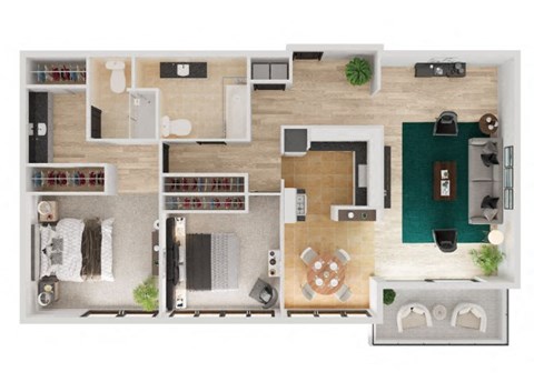 Floor plan for 2 beds, 2 baths, 1385 sqft